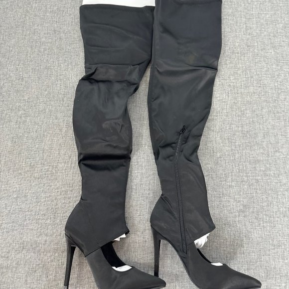 Anne Michelle Womens Over The Knee‎ Boots Size 6 Black Stiletto Pointy Toe Satin - Picture 1 of 11